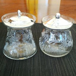 🔥HP🔥VTG set/of 2 jam/condiment jars, sterling lids